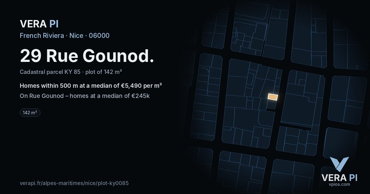 29 Rue Gounod, Nice at night – the plot lit, the parcels around coloured by the prices near them