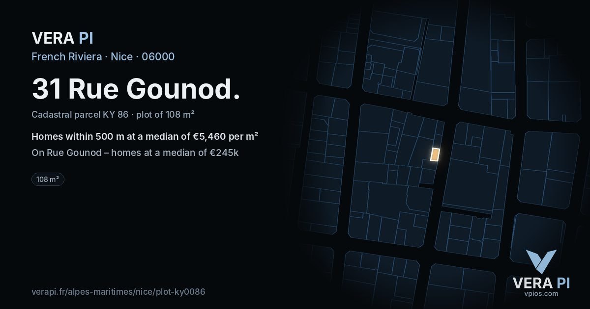 31 Rue Gounod, Nice at night – the plot lit, the parcels around coloured by the prices near them