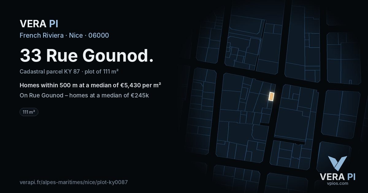 33 Rue Gounod, Nice at night – the plot lit, the parcels around coloured by the prices near them