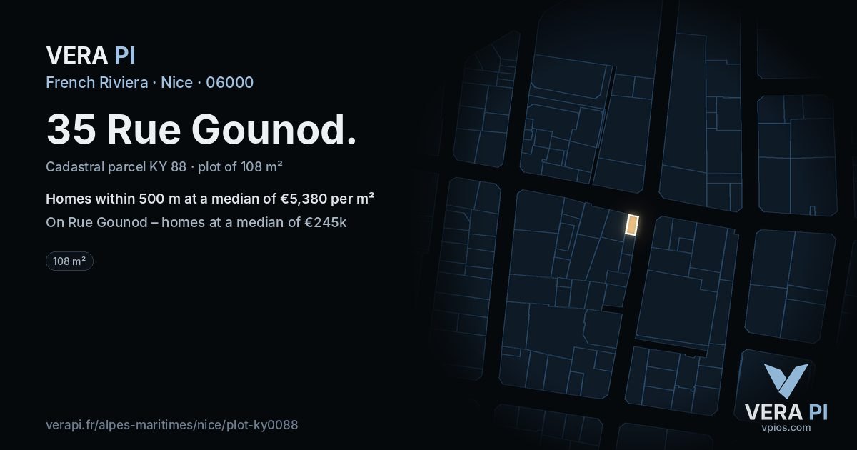 35 Rue Gounod, Nice at night – the plot lit, the parcels around coloured by the prices near them
