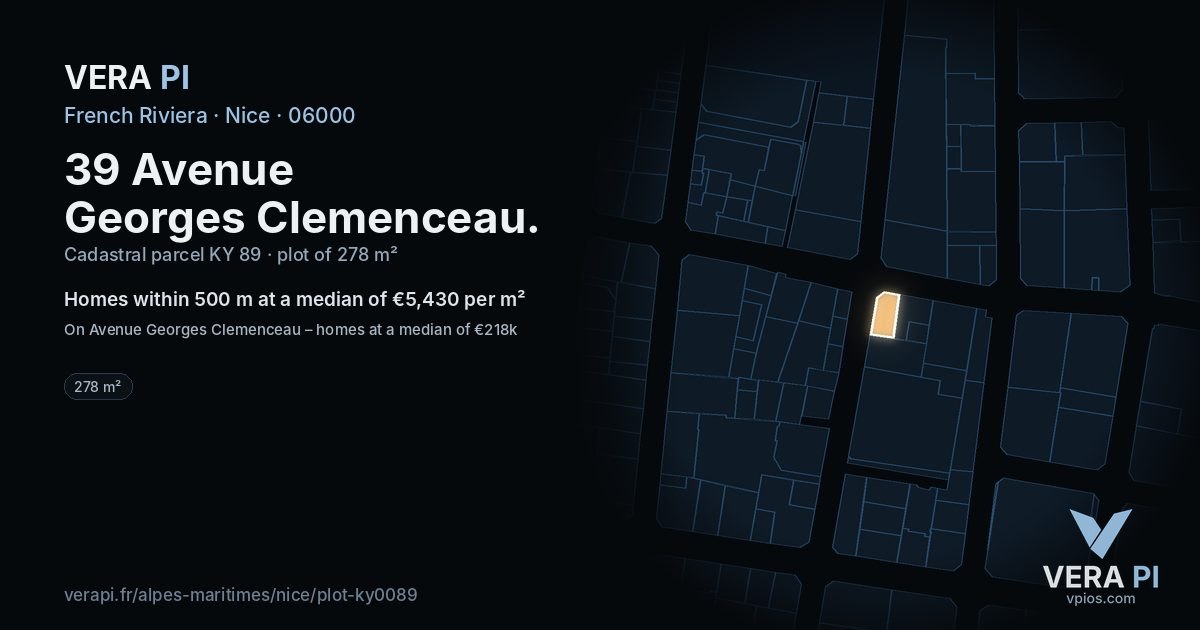 39 Avenue Georges Clemenceau, Nice at night – the plot lit, the parcels around coloured by the prices near them