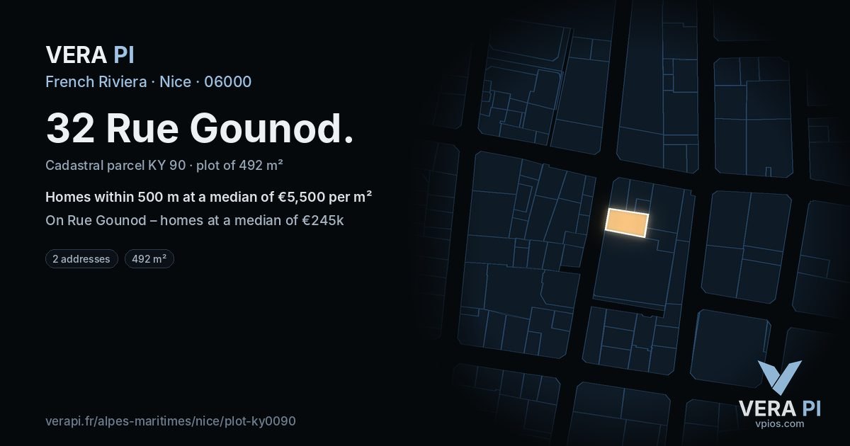 32 Rue Gounod, Nice at night – the plot lit, the parcels around coloured by the prices near them