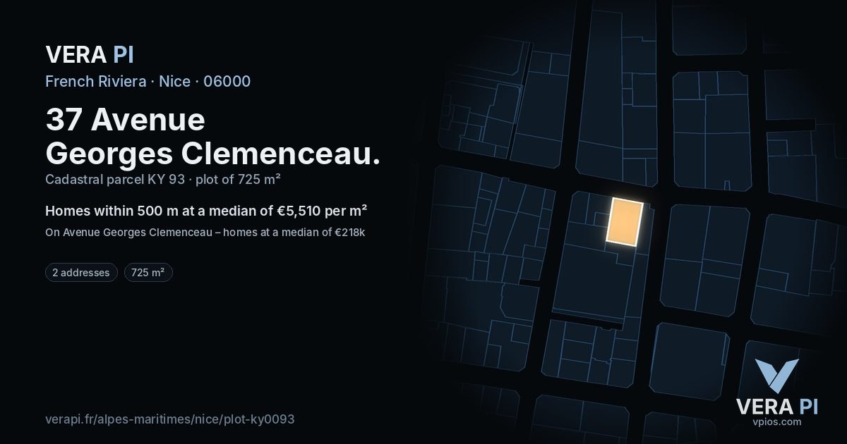 37 Avenue Georges Clemenceau, Nice at night – the plot lit, the parcels around coloured by the prices near them