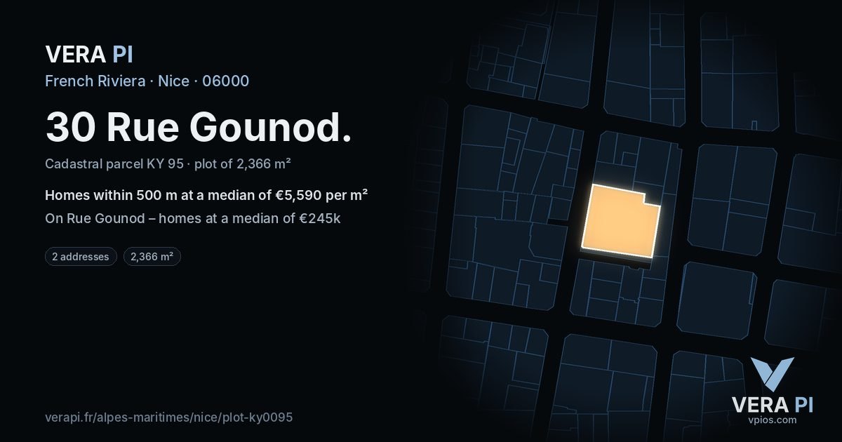 30 Rue Gounod, Nice at night – the plot lit, the parcels around coloured by the prices near them