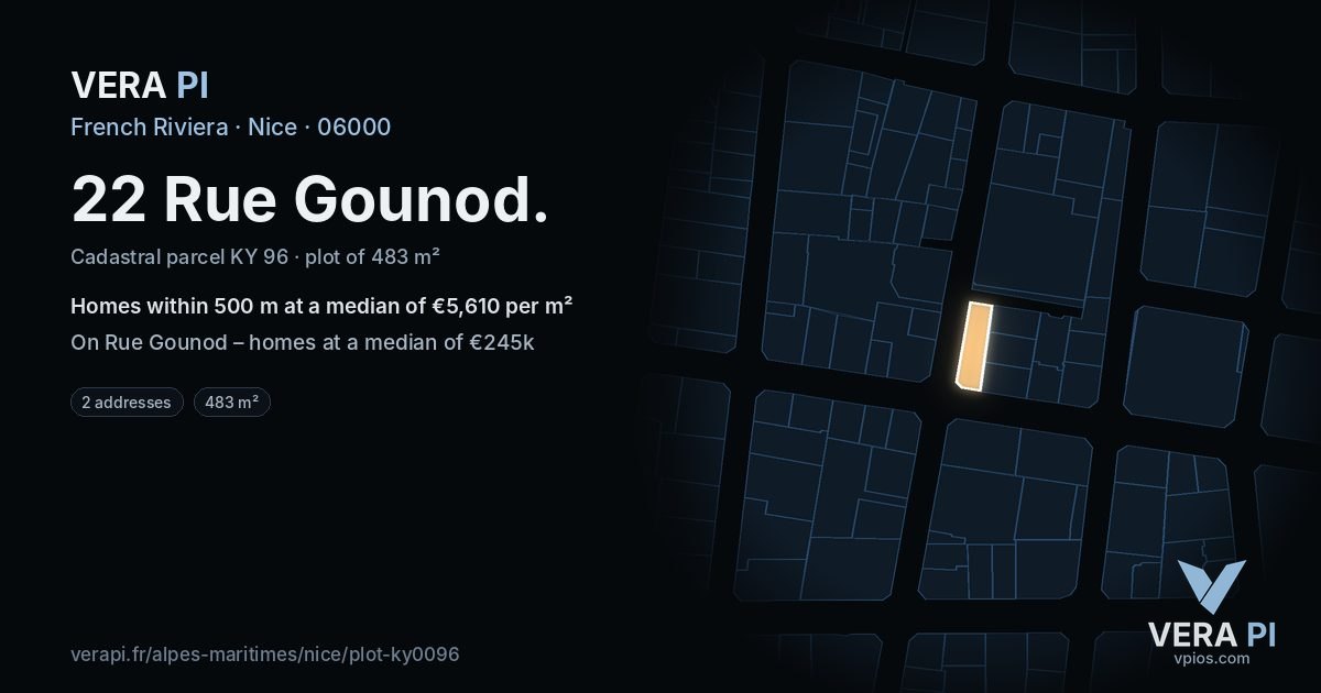 22 Rue Gounod, Nice at night – the plot lit, the parcels around coloured by the prices near them