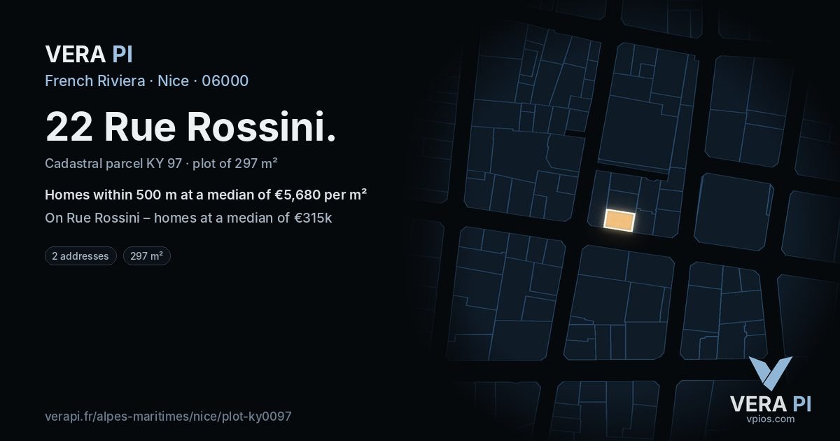 22 Rue Rossini, Nice at night – the plot lit, the parcels around coloured by the prices near them