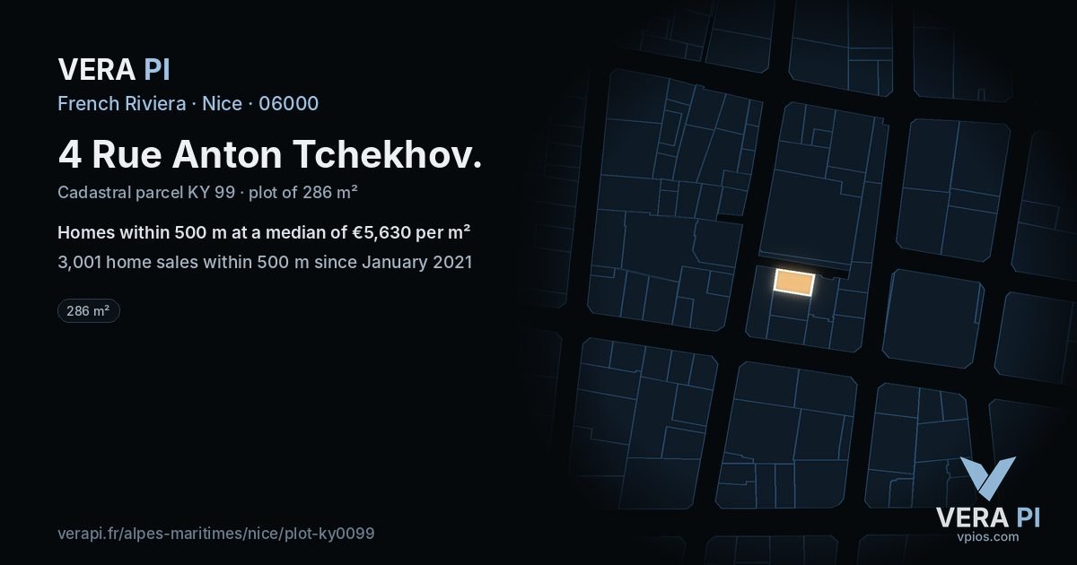 4 Rue Anton Tchekhov, Nice at night – the plot lit, the parcels around coloured by the prices near them