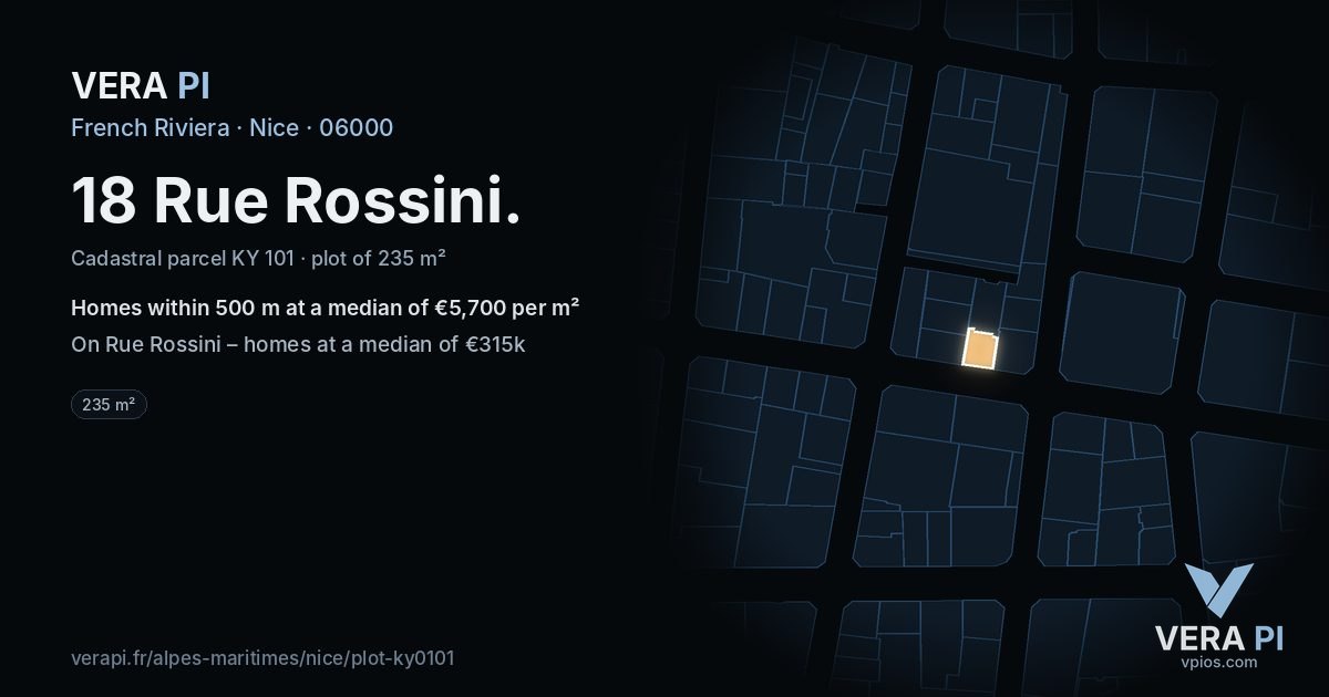 18 Rue Rossini, Nice at night – the plot lit, the parcels around coloured by the prices near them