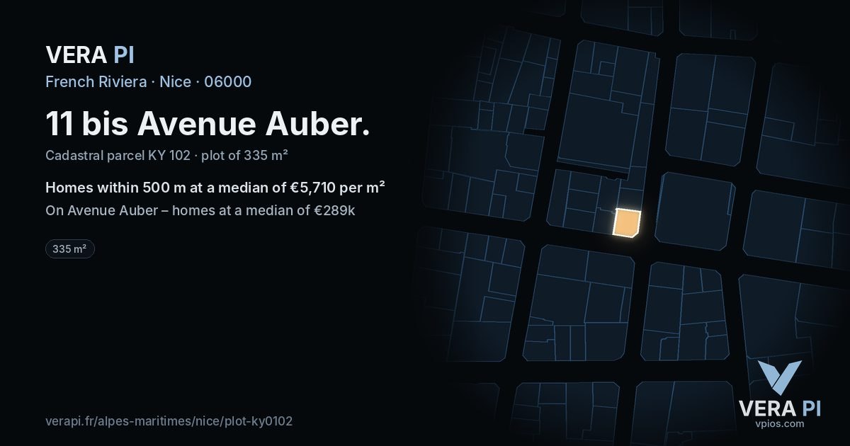 11 bis Avenue Auber, Nice at night – the plot lit, the parcels around coloured by the prices near them