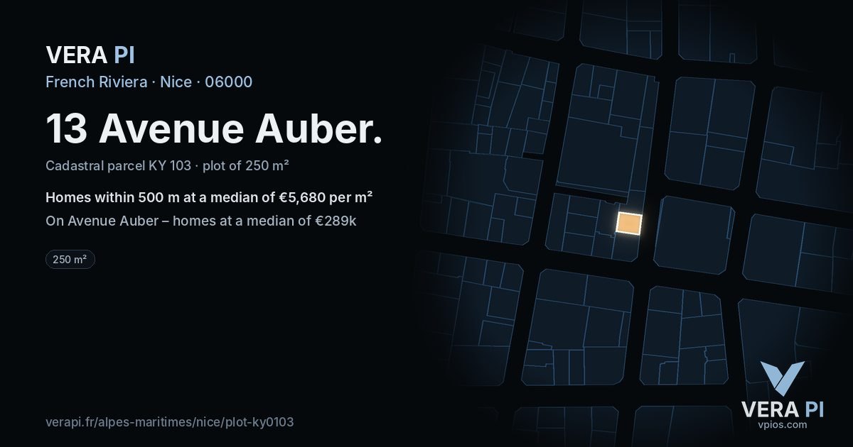 13 Avenue Auber, Nice at night – the plot lit, the parcels around coloured by the prices near them