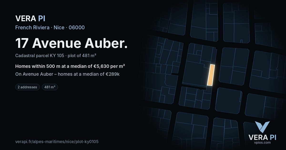 17 Avenue Auber, Nice at night – the plot lit, the parcels around coloured by the prices near them