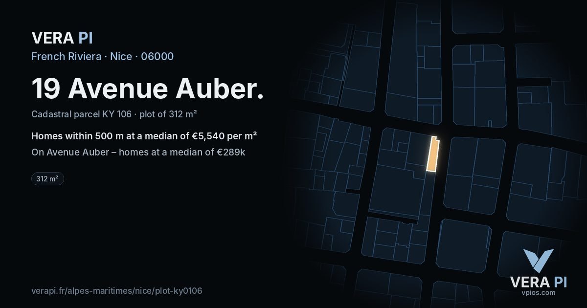 19 Avenue Auber, Nice at night – the plot lit, the parcels around coloured by the prices near them