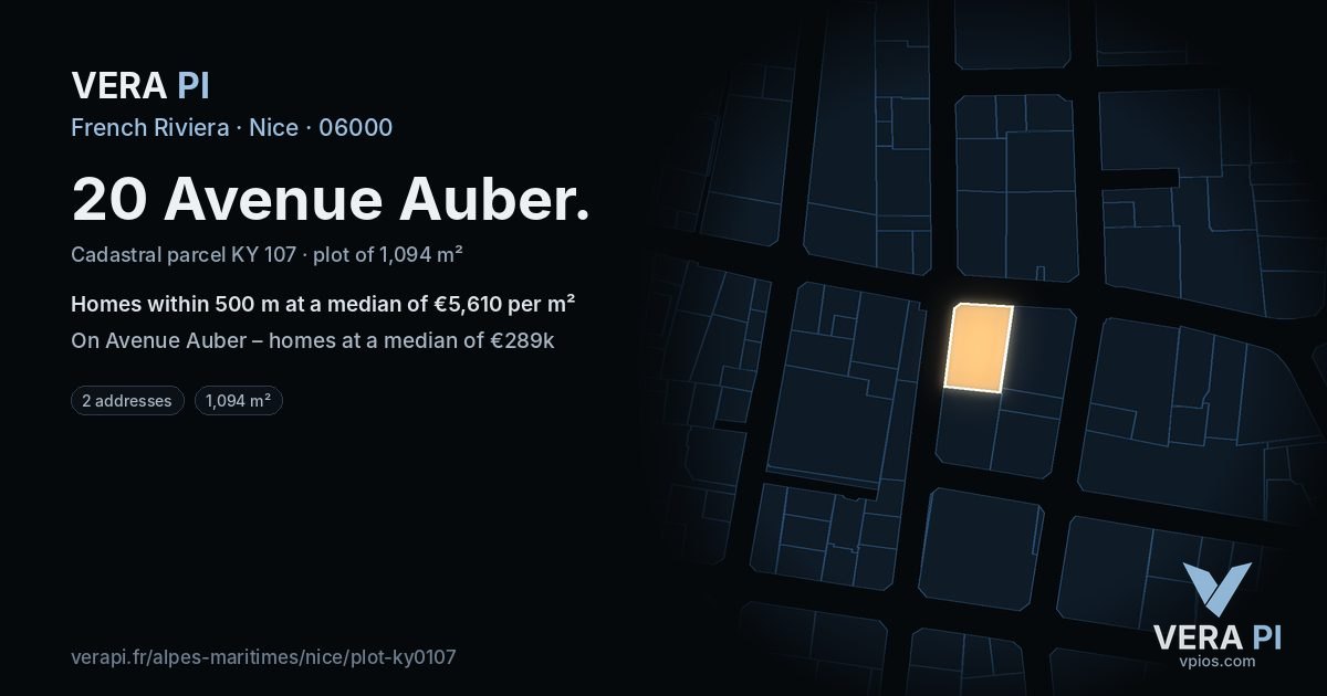 20 Avenue Auber, Nice at night – the plot lit, the parcels around coloured by the prices near them