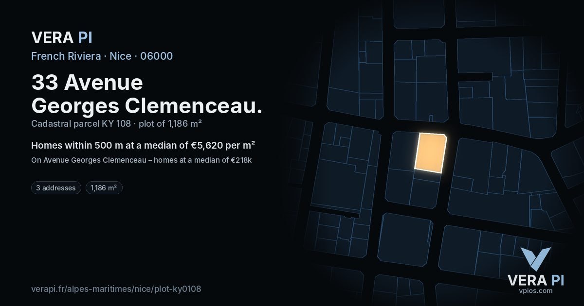 33 Avenue Georges Clemenceau, Nice at night – the plot lit, the parcels around coloured by the prices near them
