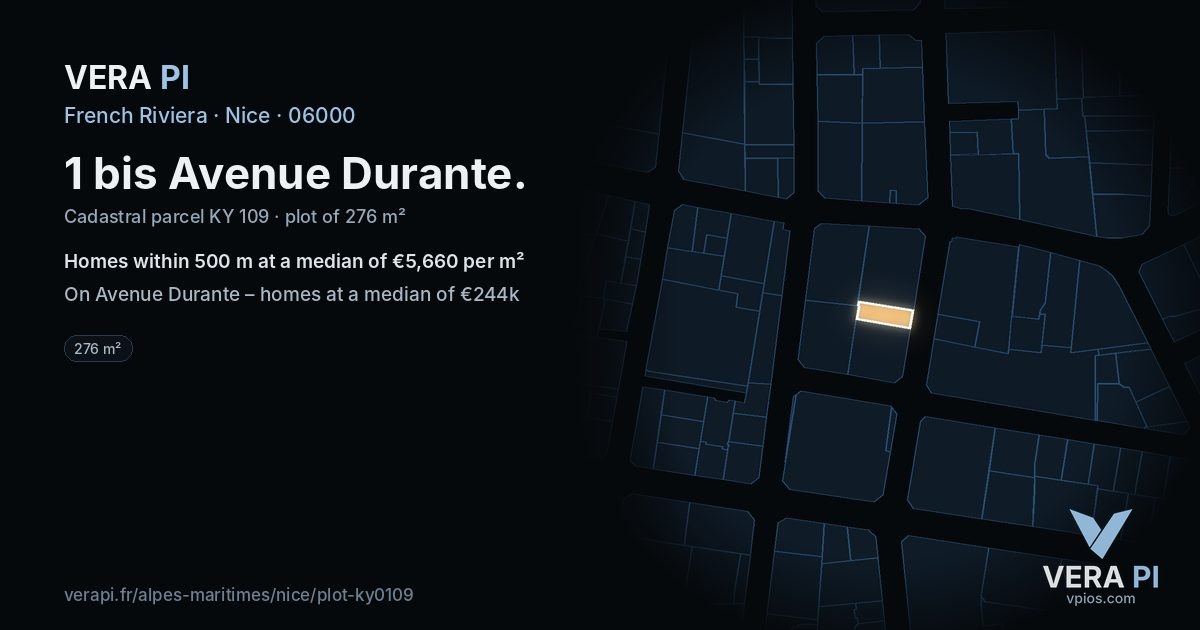 1 bis Avenue Durante, Nice at night – the plot lit, the parcels around coloured by the prices near them