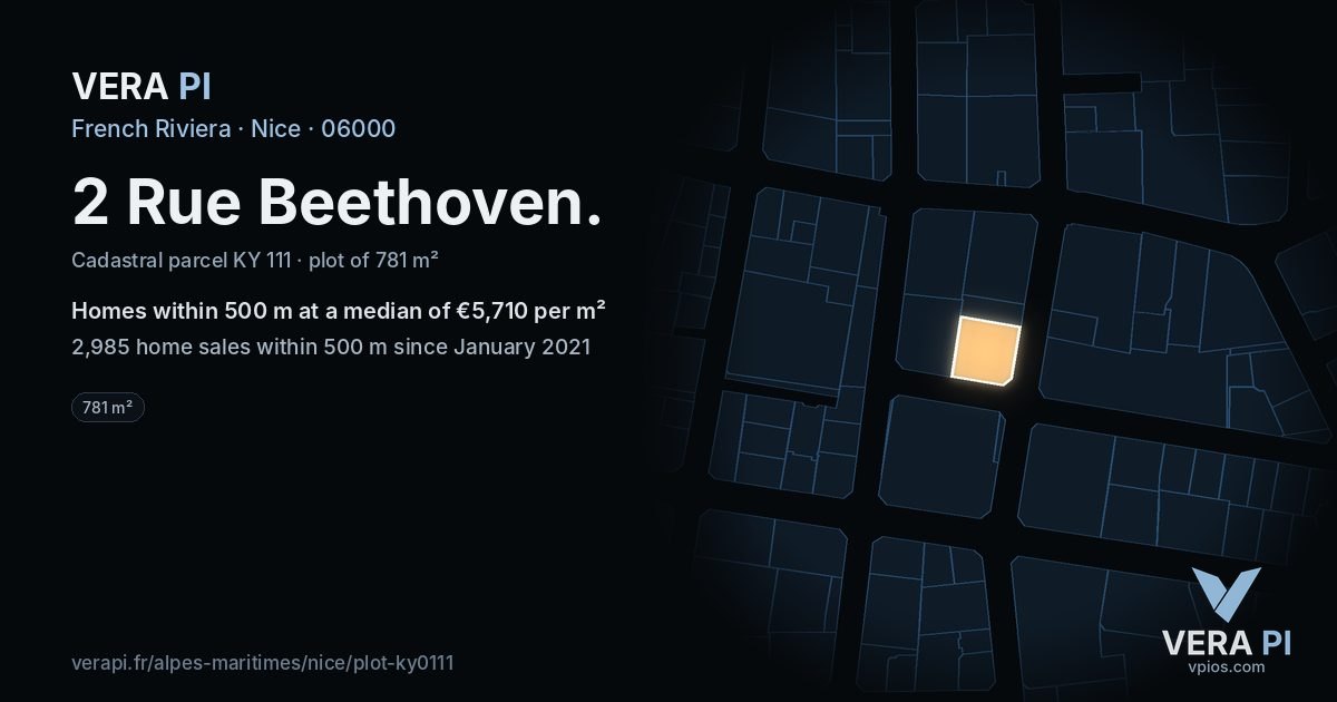 2 Rue Beethoven, Nice at night – the plot lit, the parcels around coloured by the prices near them