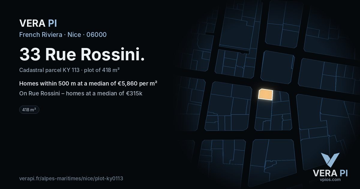 33 Rue Rossini, Nice at night – the plot lit, the parcels around coloured by the prices near them