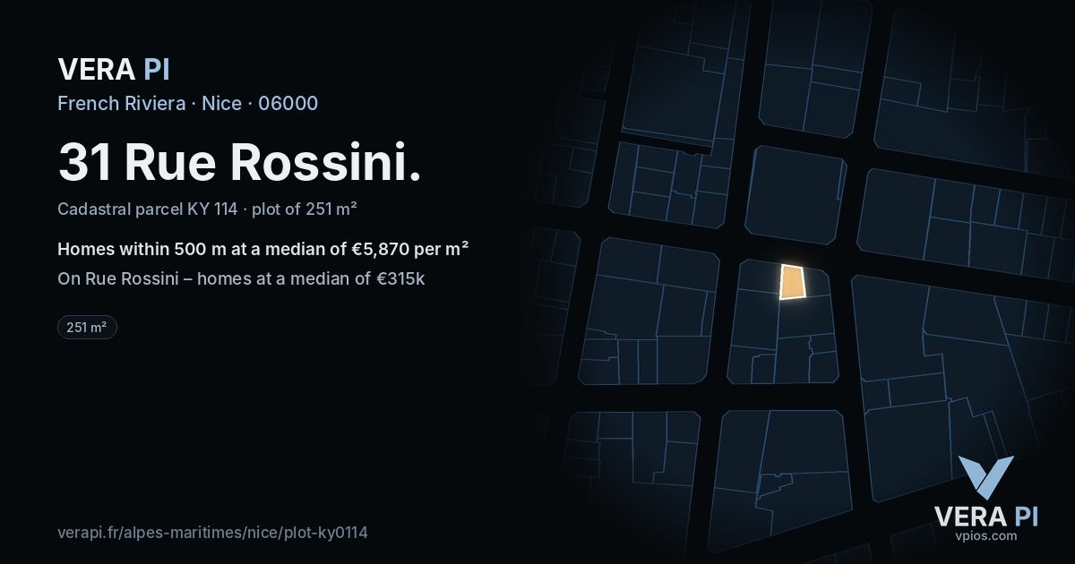31 Rue Rossini, Nice at night – the plot lit, the parcels around coloured by the prices near them
