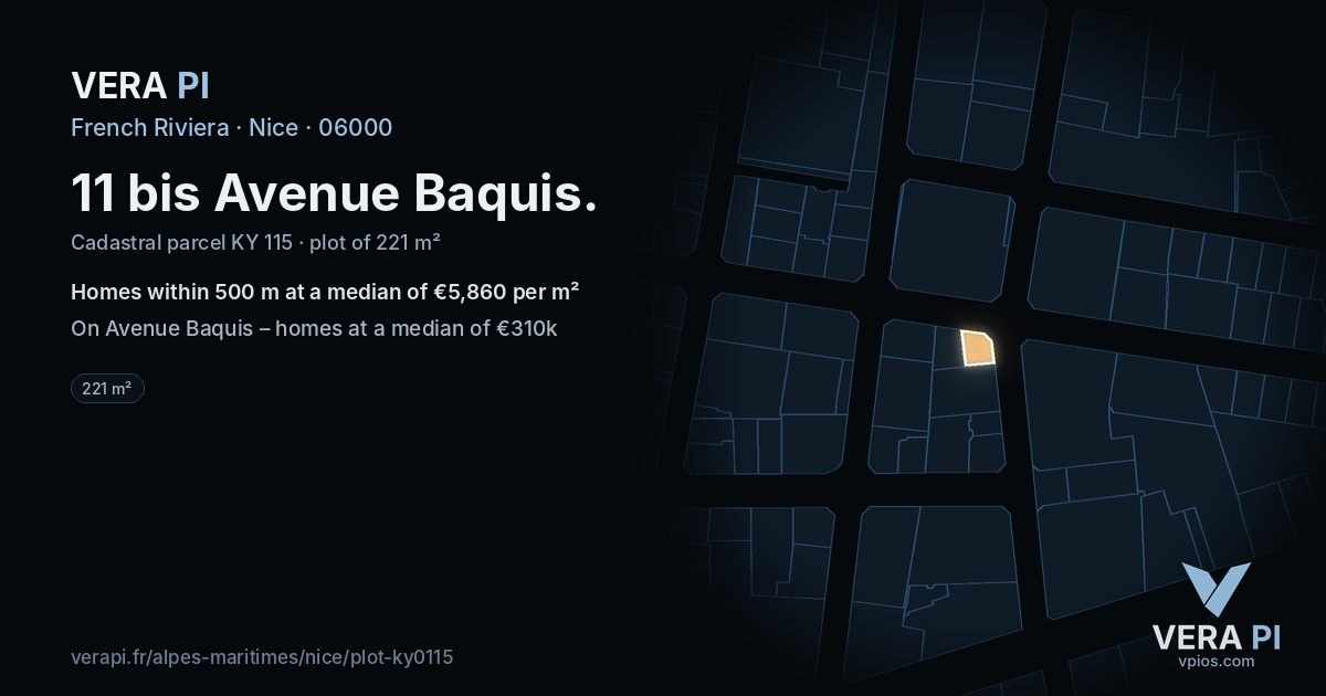 11 bis Avenue Baquis, Nice at night – the plot lit, the parcels around coloured by the prices near them