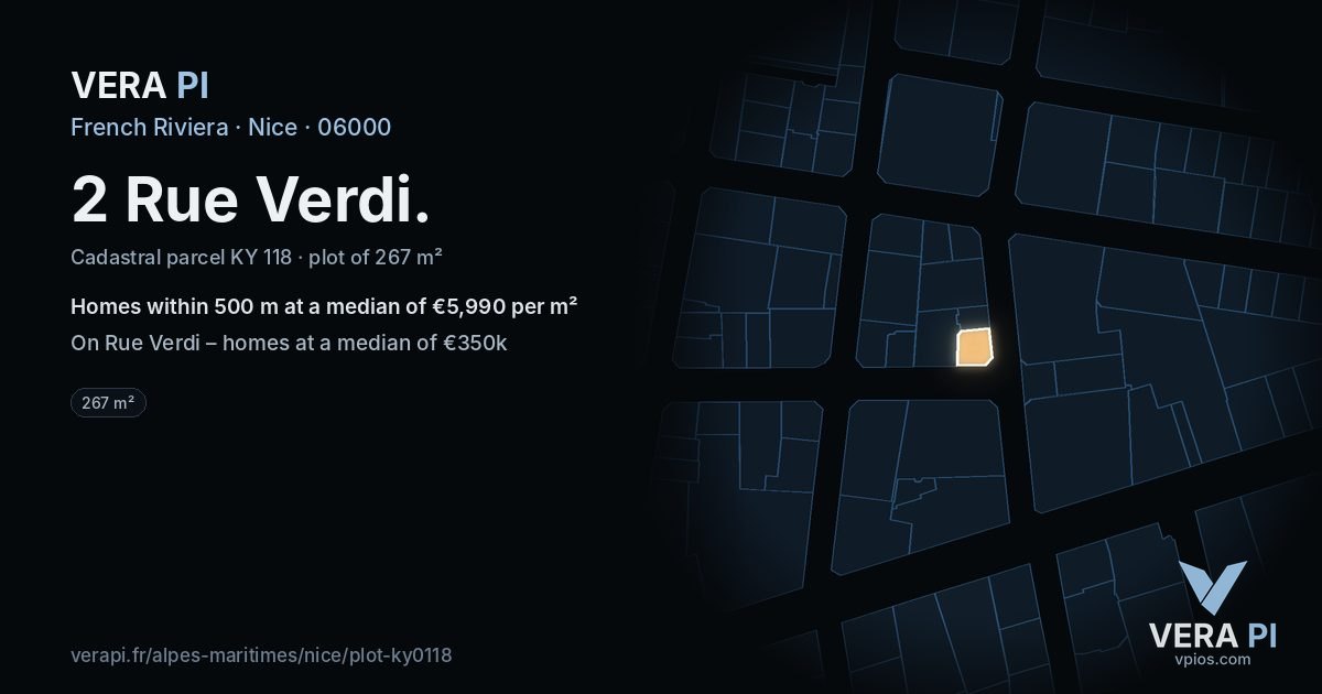 2 Rue Verdi, Nice at night – the plot lit, the parcels around coloured by the prices near them