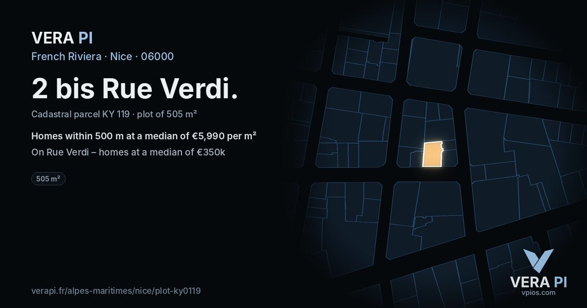 2 bis Rue Verdi, Nice at night – the plot lit, the parcels around coloured by the prices near them