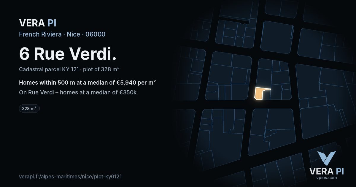 6 Rue Verdi, Nice at night – the plot lit, the parcels around coloured by the prices near them