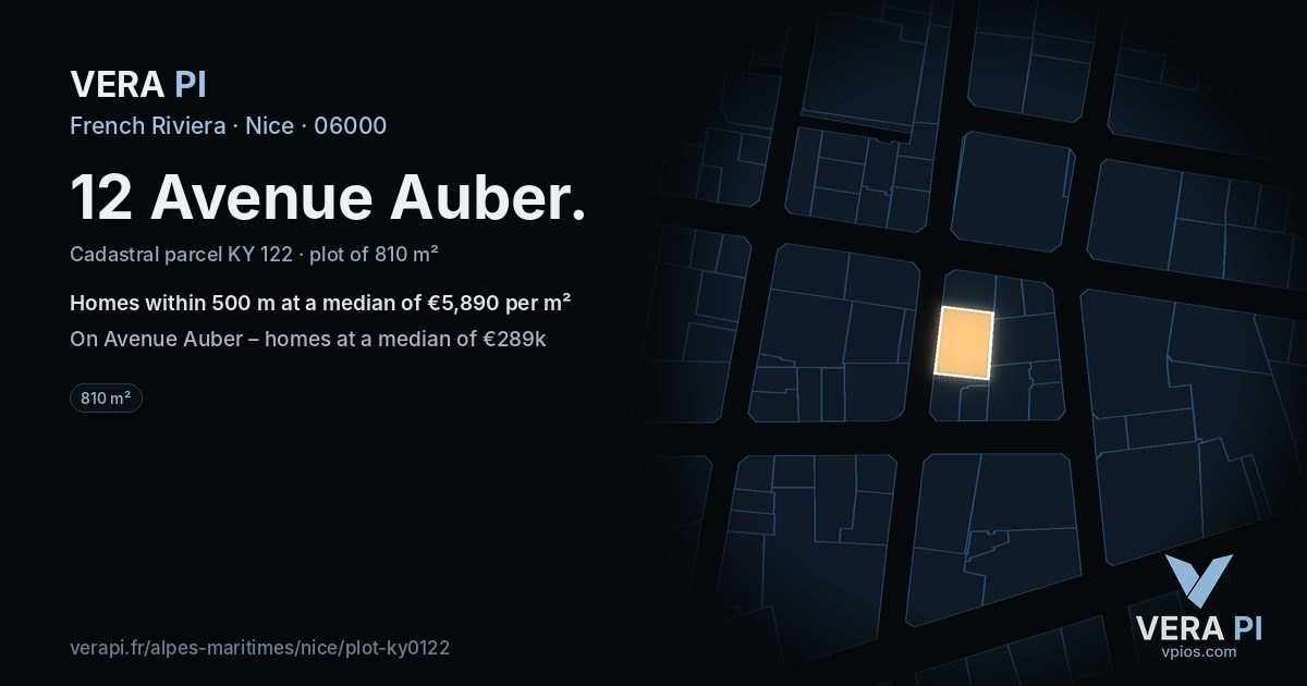 12 Avenue Auber, Nice at night – the plot lit, the parcels around coloured by the prices near them
