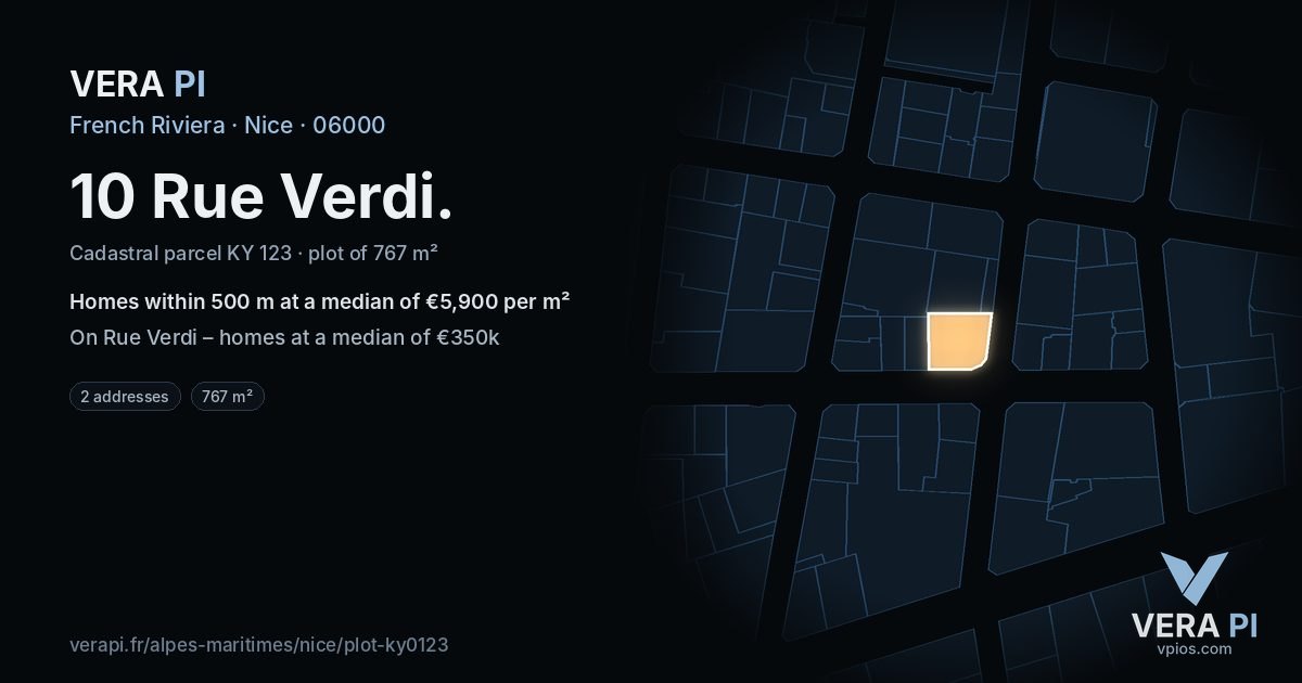 10 Rue Verdi, Nice at night – the plot lit, the parcels around coloured by the prices near them