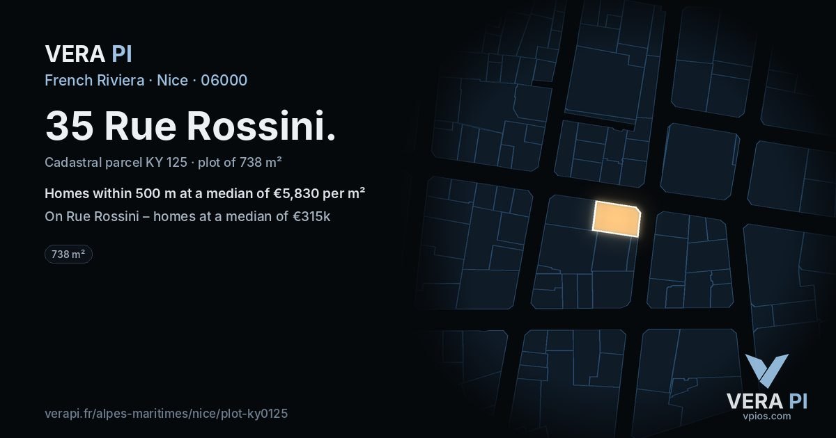 35 Rue Rossini, Nice at night – the plot lit, the parcels around coloured by the prices near them