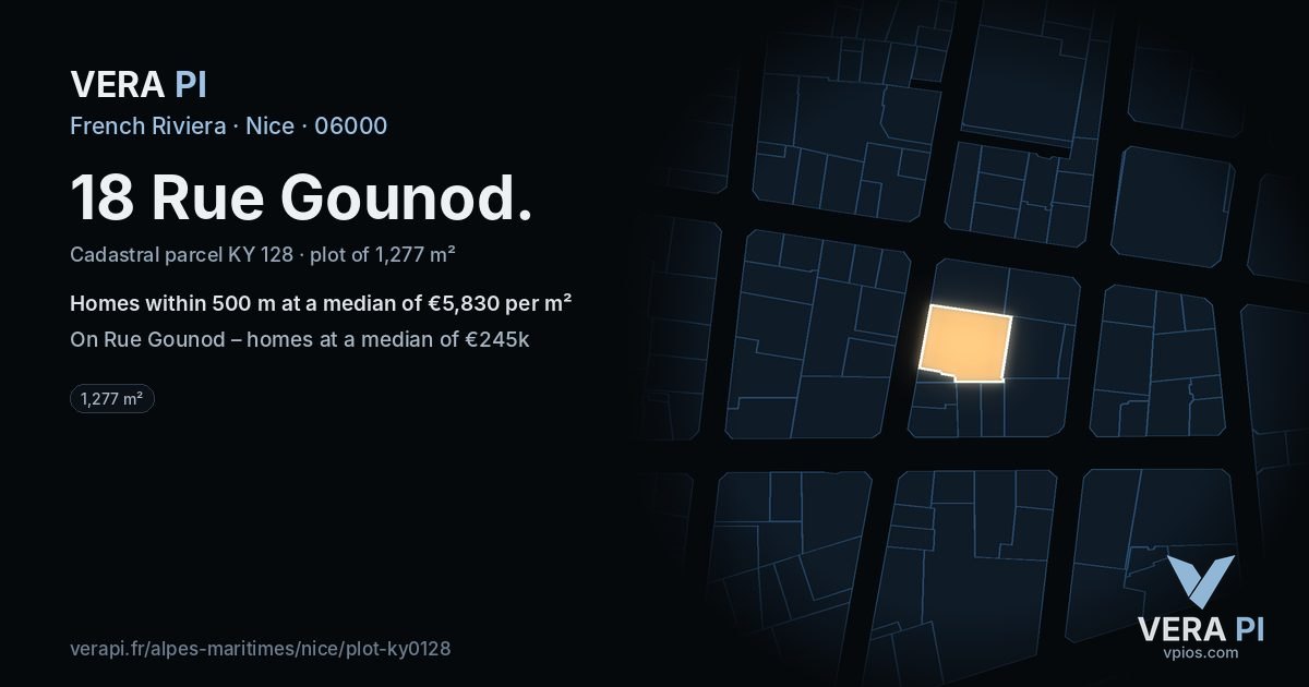 18 Rue Gounod, Nice at night – the plot lit, the parcels around coloured by the prices near them