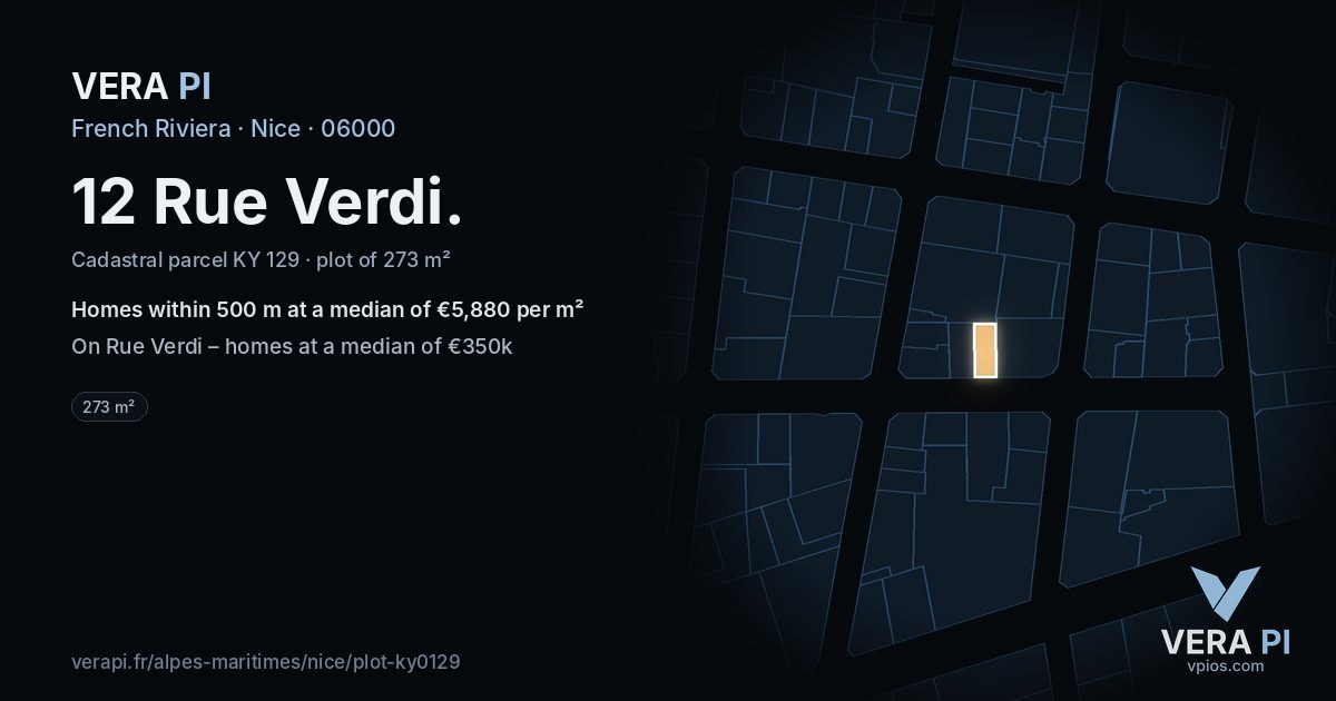12 Rue Verdi, Nice at night – the plot lit, the parcels around coloured by the prices near them