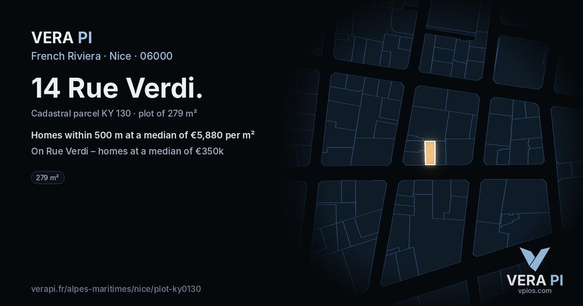 14 Rue Verdi, Nice at night – the plot lit, the parcels around coloured by the prices near them