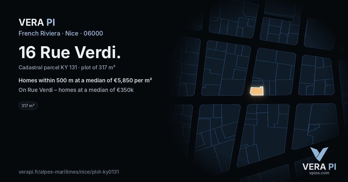 16 Rue Verdi, Nice at night – the plot lit, the parcels around coloured by the prices near them