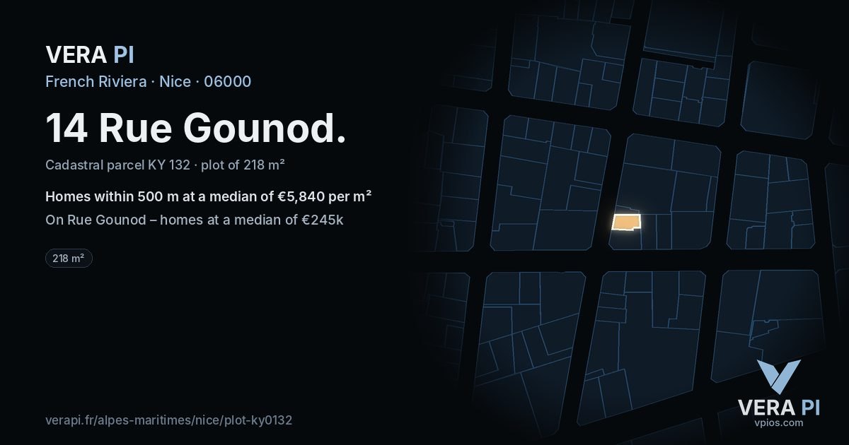 14 Rue Gounod, Nice at night – the plot lit, the parcels around coloured by the prices near them