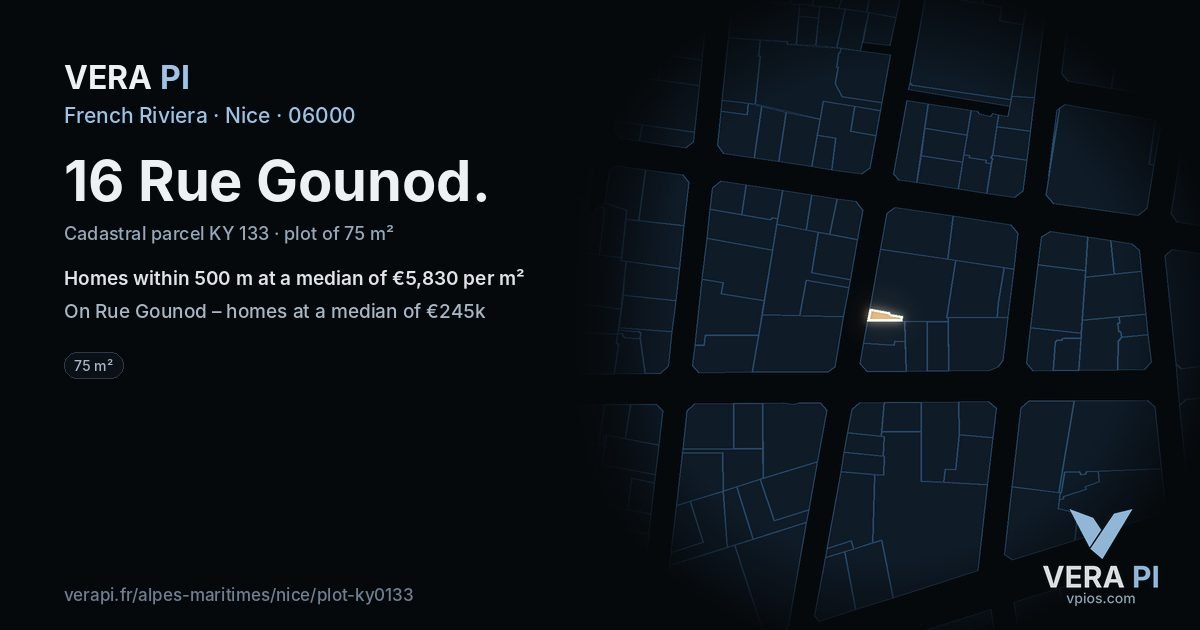 16 Rue Gounod, Nice at night – the plot lit, the parcels around coloured by the prices near them
