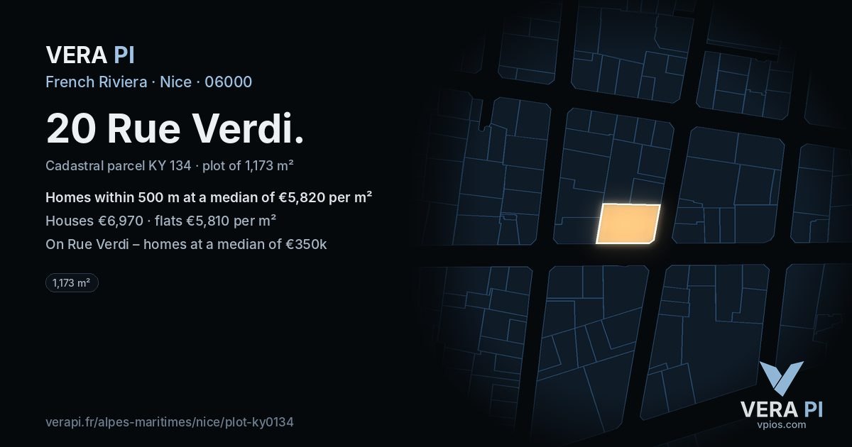 20 Rue Verdi, Nice at night – the plot lit, the parcels around coloured by the prices near them