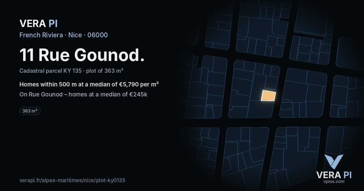 11 Rue Gounod, Nice at night – the plot lit, the parcels around coloured by the prices near them