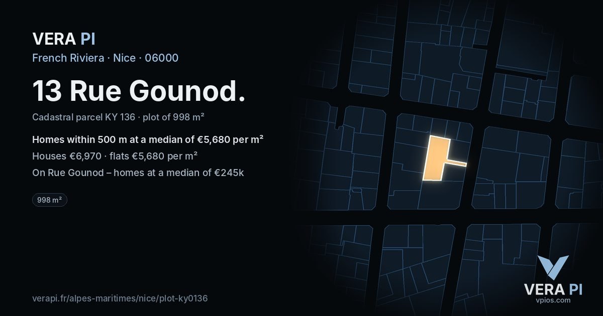 13 Rue Gounod, Nice at night – the plot lit, the parcels around coloured by the prices near them