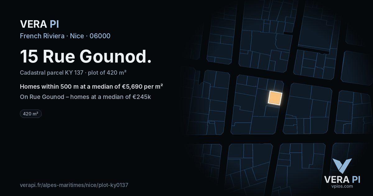 15 Rue Gounod, Nice at night – the plot lit, the parcels around coloured by the prices near them