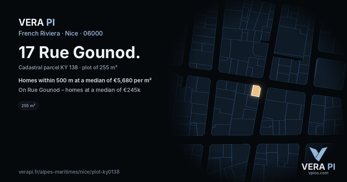 17 Rue Gounod, Nice at night – the plot lit, the parcels around coloured by the prices near them
