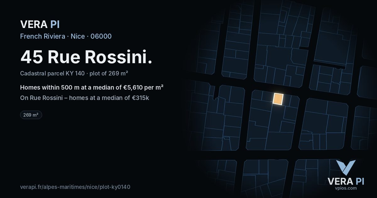 45 Rue Rossini, Nice at night – the plot lit, the parcels around coloured by the prices near them