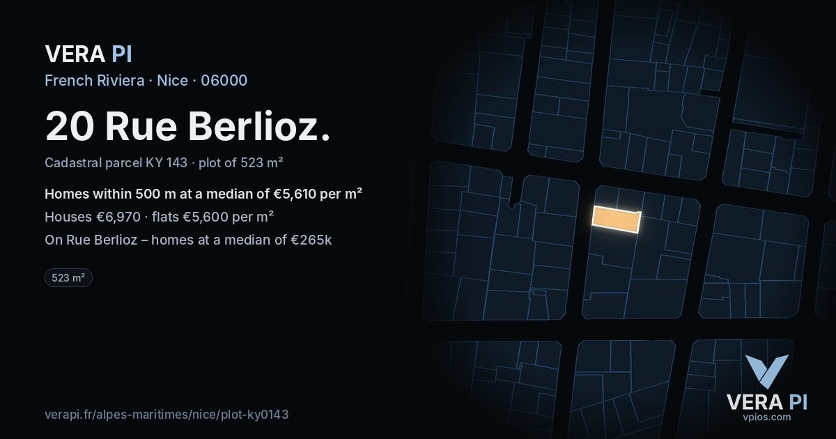 20 Rue Berlioz, Nice at night – the plot lit, the parcels around coloured by the prices near them