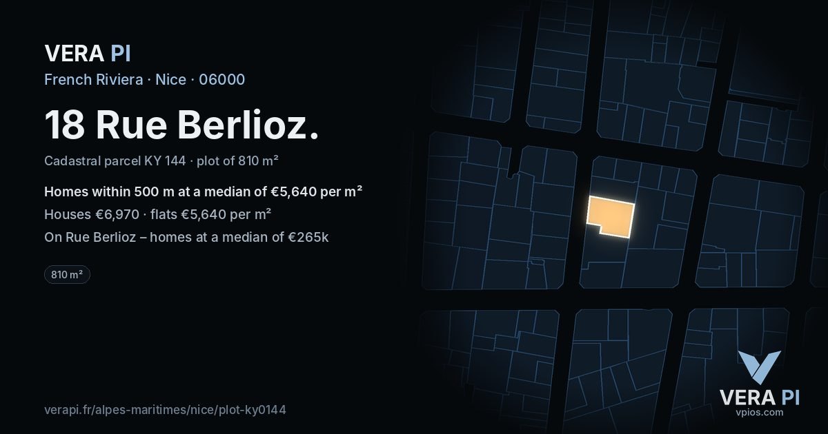 18 Rue Berlioz, Nice at night – the plot lit, the parcels around coloured by the prices near them