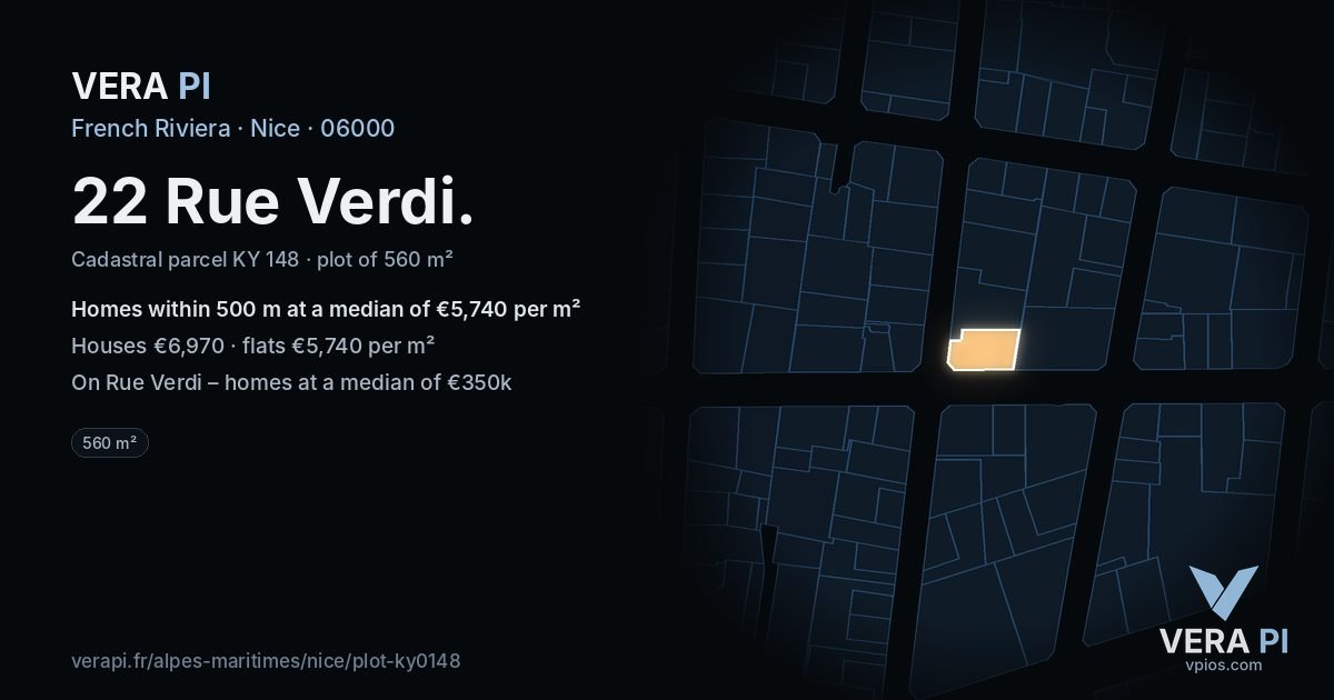 22 Rue Verdi, Nice at night – the plot lit, the parcels around coloured by the prices near them
