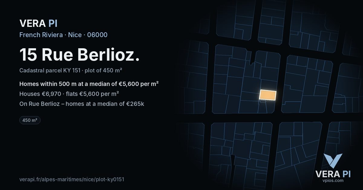 15 Rue Berlioz, Nice at night – the plot lit, the parcels around coloured by the prices near them