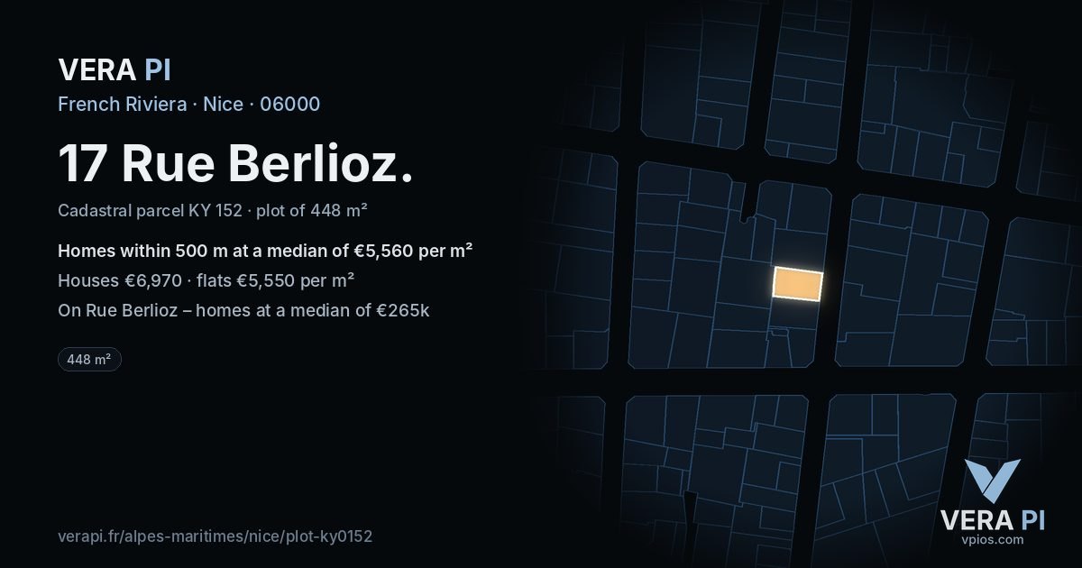 17 Rue Berlioz, Nice at night – the plot lit, the parcels around coloured by the prices near them