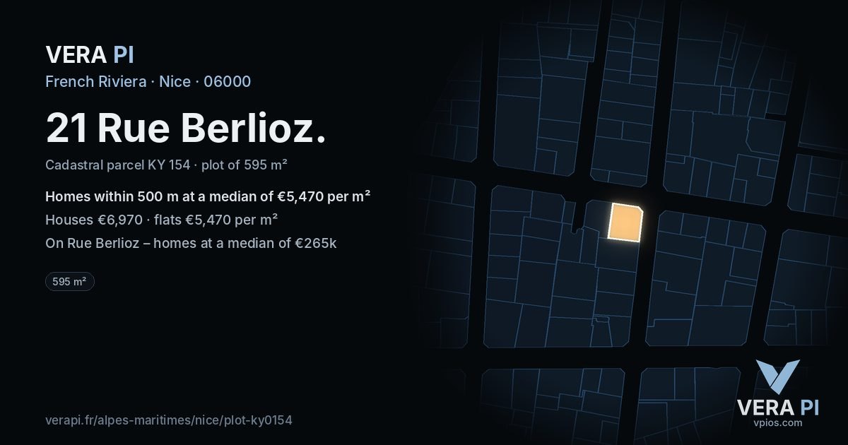 21 Rue Berlioz, Nice at night – the plot lit, the parcels around coloured by the prices near them