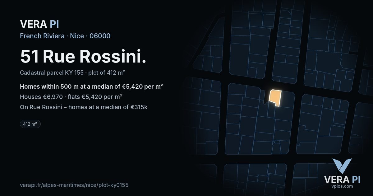 51 Rue Rossini, Nice at night – the plot lit, the parcels around coloured by the prices near them