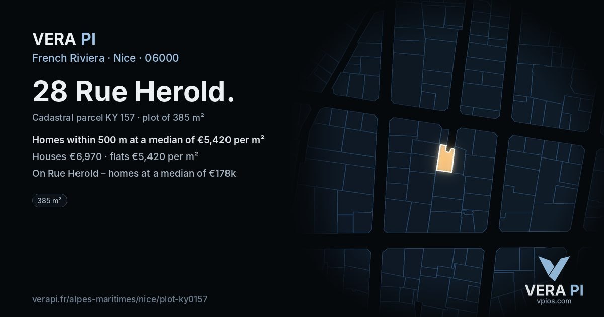 28 Rue Herold, Nice at night – the plot lit, the parcels around coloured by the prices near them