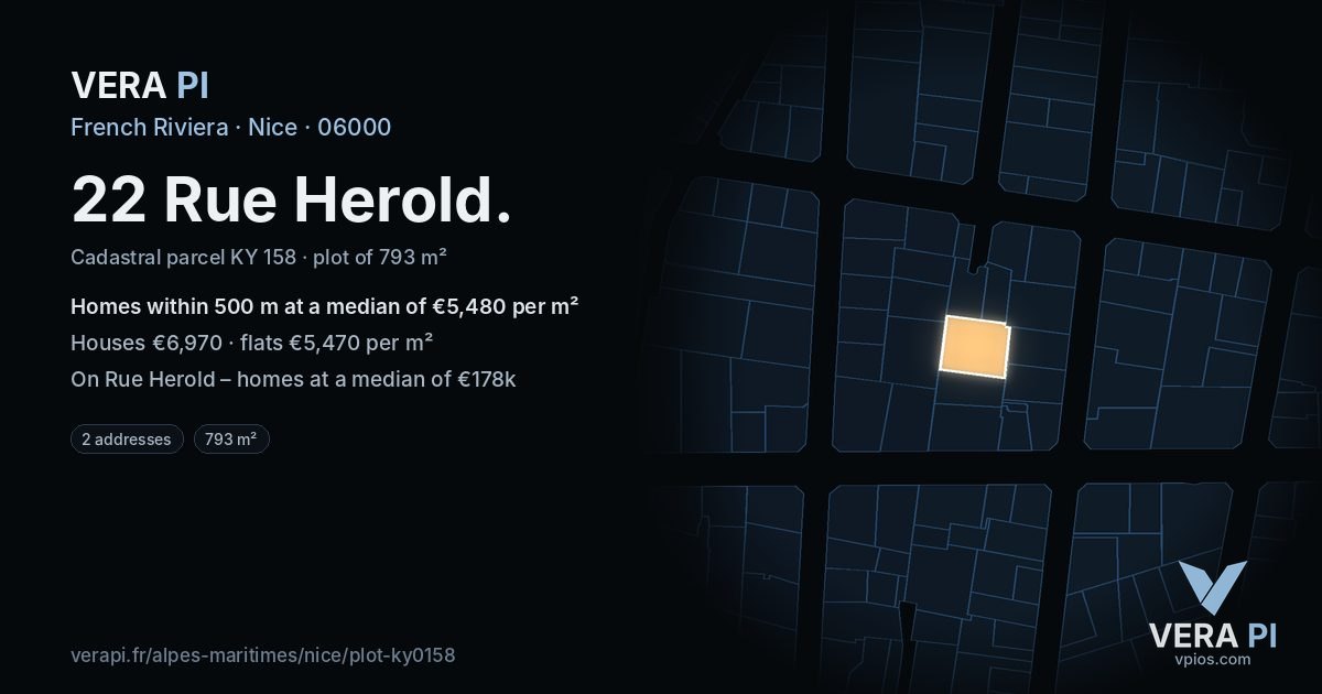 22 Rue Herold, Nice at night – the plot lit, the parcels around coloured by the prices near them